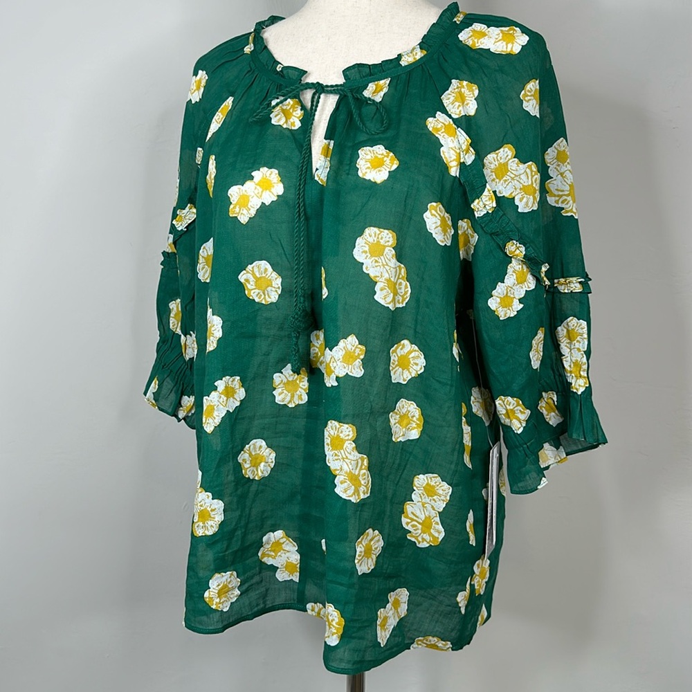 Daniel Rainn Green and Yellow Floral Print Linen Blend Boho Blouse NWT